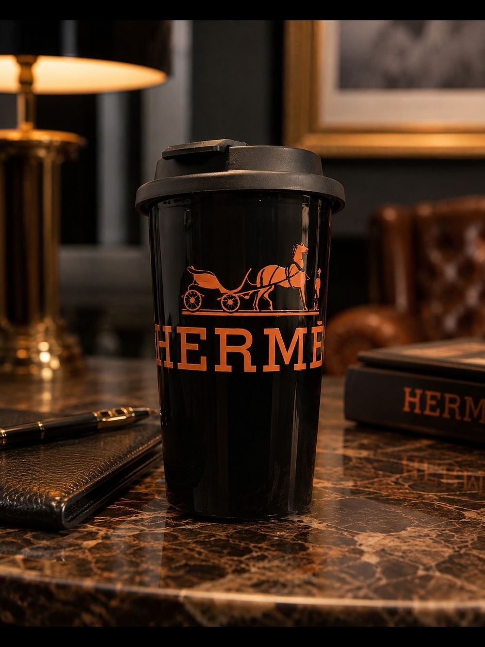 Hermès 16 oz Black Travel Tumbler | Luxury  Coffee & Tea Signature Promo Design